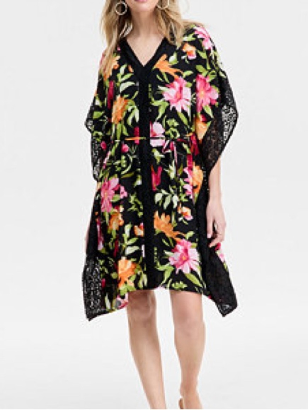 JM Collection Black Floral V-Neck Lace Midi Kaftan Dress